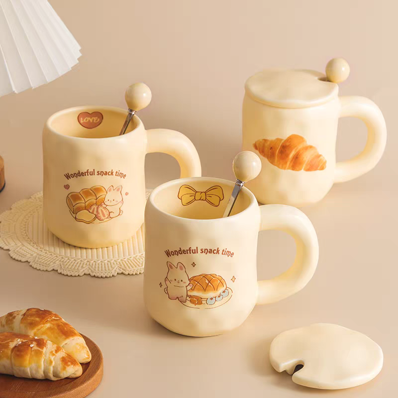 JF012 Cute milk fufu Cup Bread Mug with Lid Spoon ins Style Girls Ceramic Coffee Breakfast Cup Office Item Picture