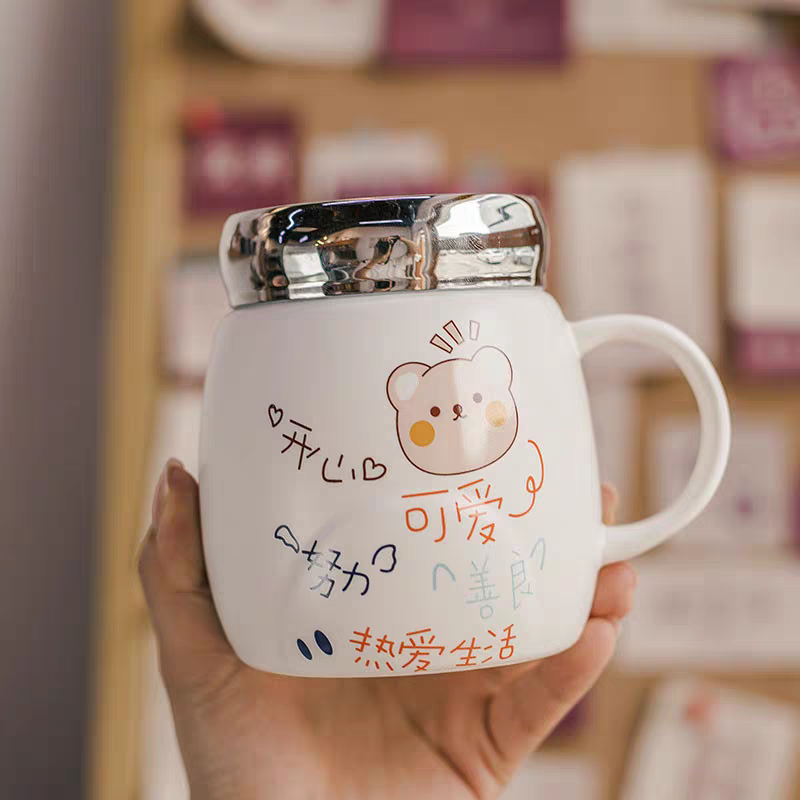 S1518 Mirror lid ceramic cup with lid spoon cartoon mug, cute for girls, large-capacity drinking cup for home use Specification image