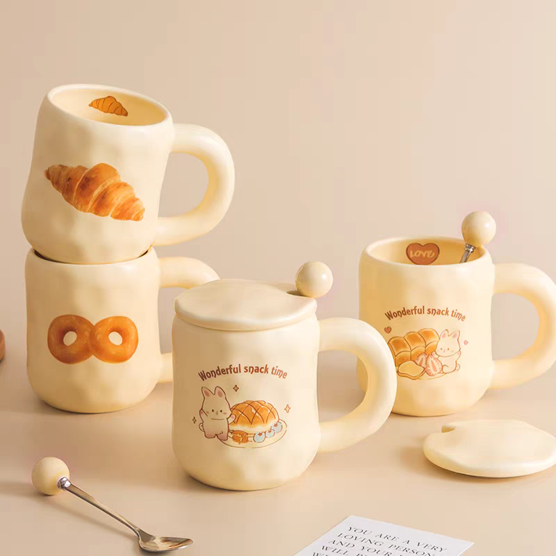 JF012 Cute milk fufu Cup Bread Mug with Lid Spoon ins Style Girls Ceramic Coffee Breakfast Cup Office Specification image