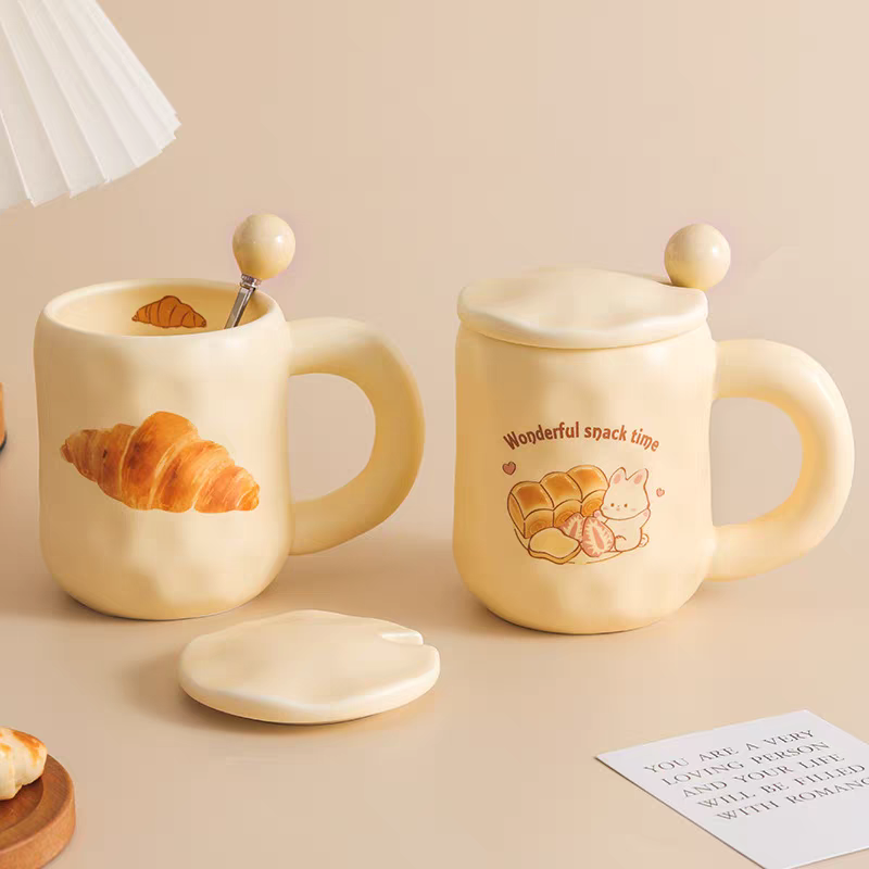 JF012 Cute milk fufu Cup Bread Mug with Lid Spoon ins Style Girls Ceramic Coffee Breakfast Cup Office details Picture