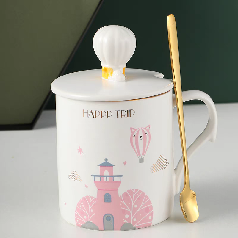 2036-1 Mug with lid, spoon, office, simple castle, artistic and creative, Nordic coffee cup, ceramic cup, fresh and unique details Picture