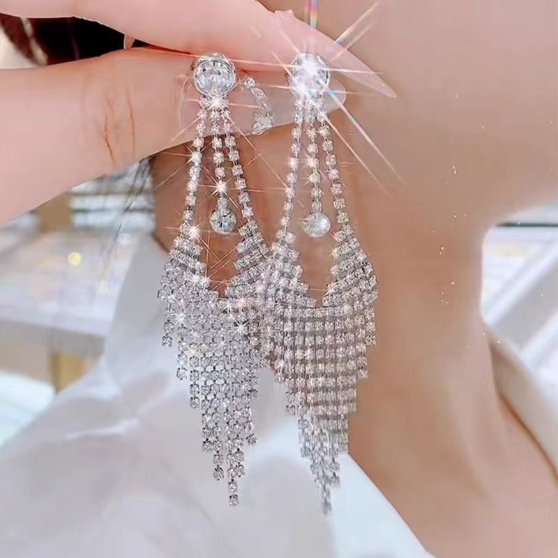 高级感满钻流苏耳环女大气款欧美时过敏方圆脸长款奢华礼服耳饰女902
