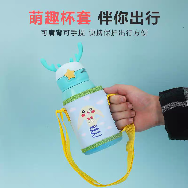 2666 Deer Antler 316 stainless steel children's insulated cup with straw, dual-purpose water cup, boys and girls, kindergarten, infants, babies, primary school students, anti-drop water bottle Item Picture