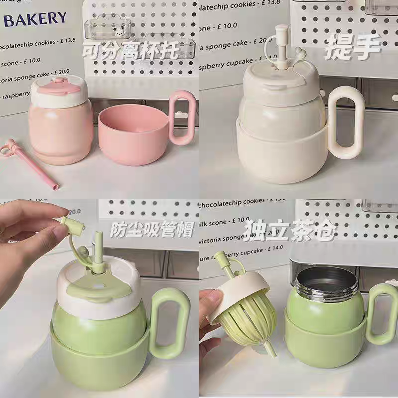 2016-450ml Creative sausage-spout thermos cup with tea strainer, flower tea vacuum water cup, simple handle, household water cup, ladies' office cup Application Scenario