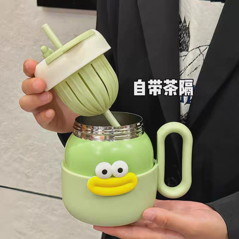 2016-450ml Creative sausage-spout thermos cup with tea strainer, flower tea vacuum water cup, simple handle, household water cup, ladies' office cup Item Picture