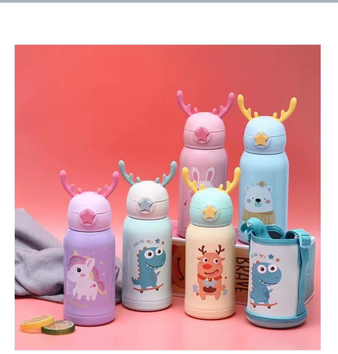 2666 Deer Antler 316 stainless steel children's insulated cup with straw, dual-purpose water cup, boys and girls, kindergarten, infants, babies, primary school students, anti-drop water bottle