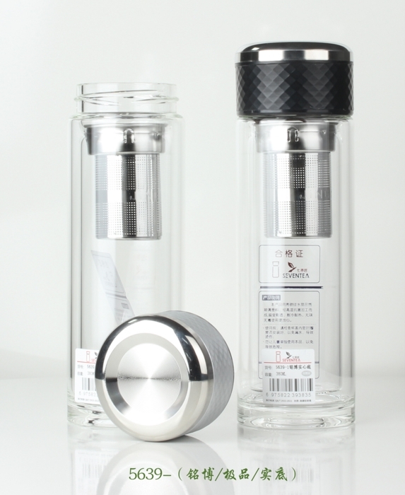 5639-1 Double-layer glass cup, heat-resistant, explosion-proof and high-temperature resistant water cup, large-capacity tea-water separation drinking cup, 380ml
