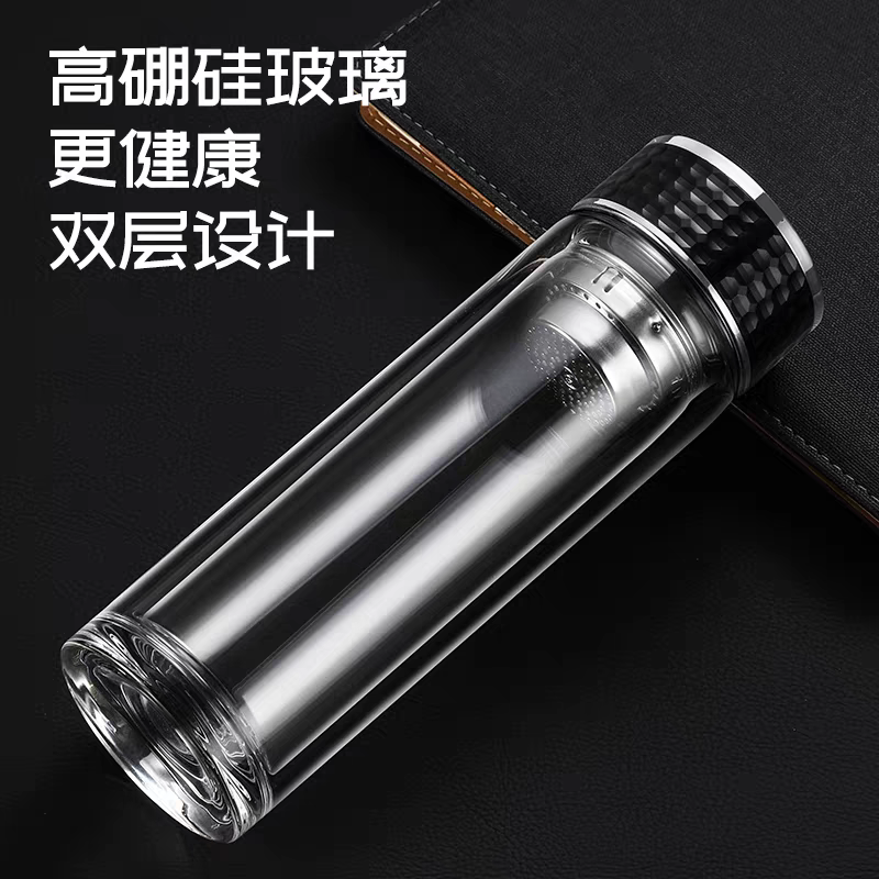 758 Double-layer insulated glass cup, thickened high-end business men's tea cup, tea-water separation office water cup, 400ml details Picture