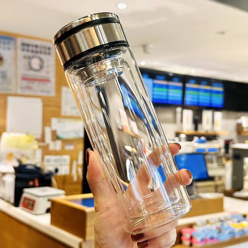 3056 Water Cup Men's new double-layer high borosilicate glass cup, high-temperature resistant tea cup, tea-water separation cup, portable tea brewing cup detail image 2