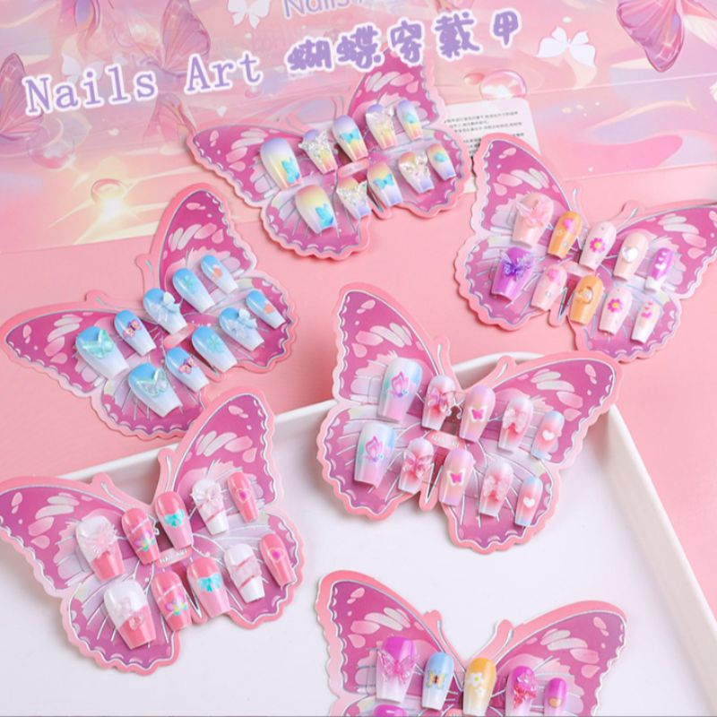 新品手工穿戴甲蝴蝶美甲贴片卡通蝴蝶配饰穿戴甲成品立体假指甲儿童穿戴甲片图