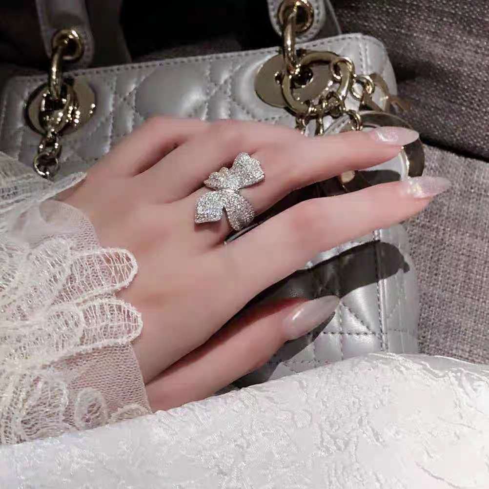 New fashionable and versatile bow ring from Europe and America, full diamond zircon open ring for women, elegant index finger ring, unique women's ring detail image 3