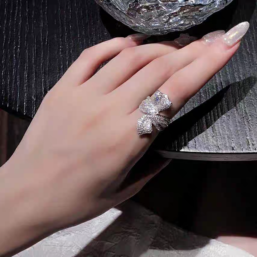 New fashionable and versatile bow ring from Europe and America, full diamond zircon open ring for women, elegant index finger ring, unique women's ring Specification image