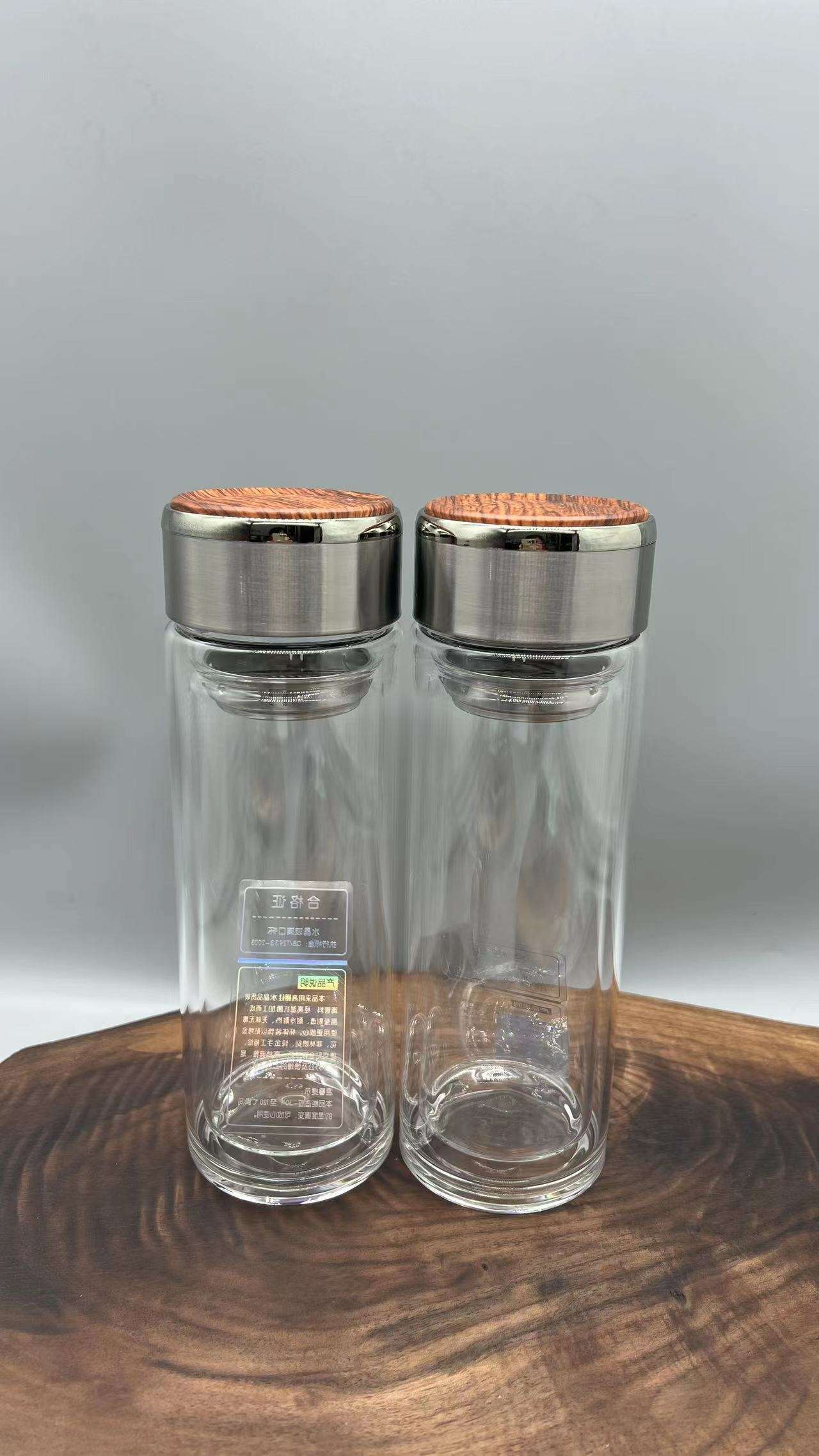 3054-350ml wood-grain lid double-layer insulated glass cup, practical gift cup for men and women to make tea, explosion-proof and heat-resistant