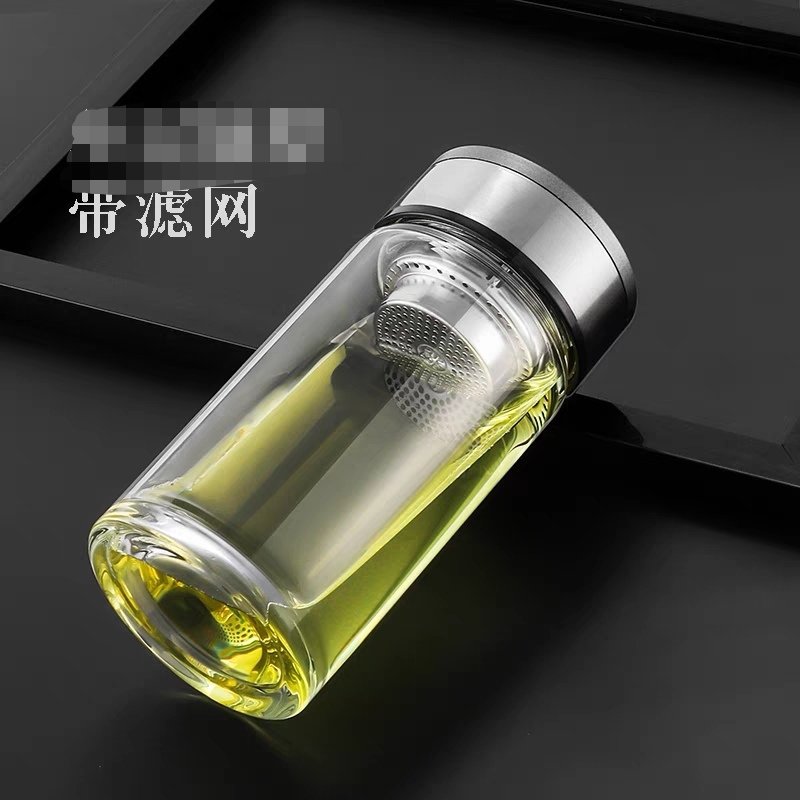 3014-300ml simple glass cup for men, double-layer thickened heat-resistant lid cup, portable drinking water cup for home use, large capacity