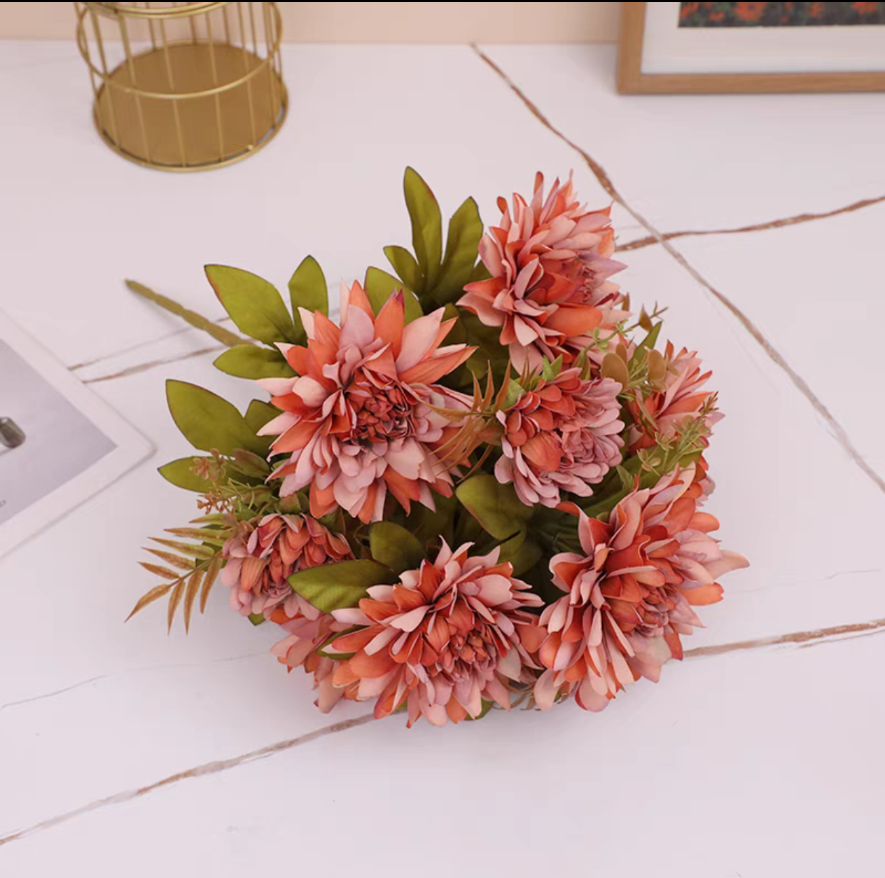 办公室文化装饰 仿真园艺美学 仿真玫瑰肥皂花洋牡丹花头黄白菊假花毛线制做玫瑰花头 美丽环保持久鲜艳