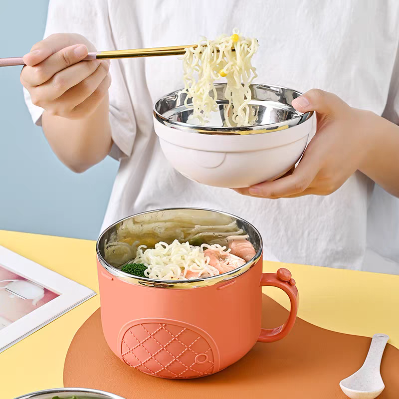 New 304 stainless steel instant noodle bowl, canteen with rice bowl, insulated bento box, simple and cute rice bowl, ins covered bowl Application Scenario
