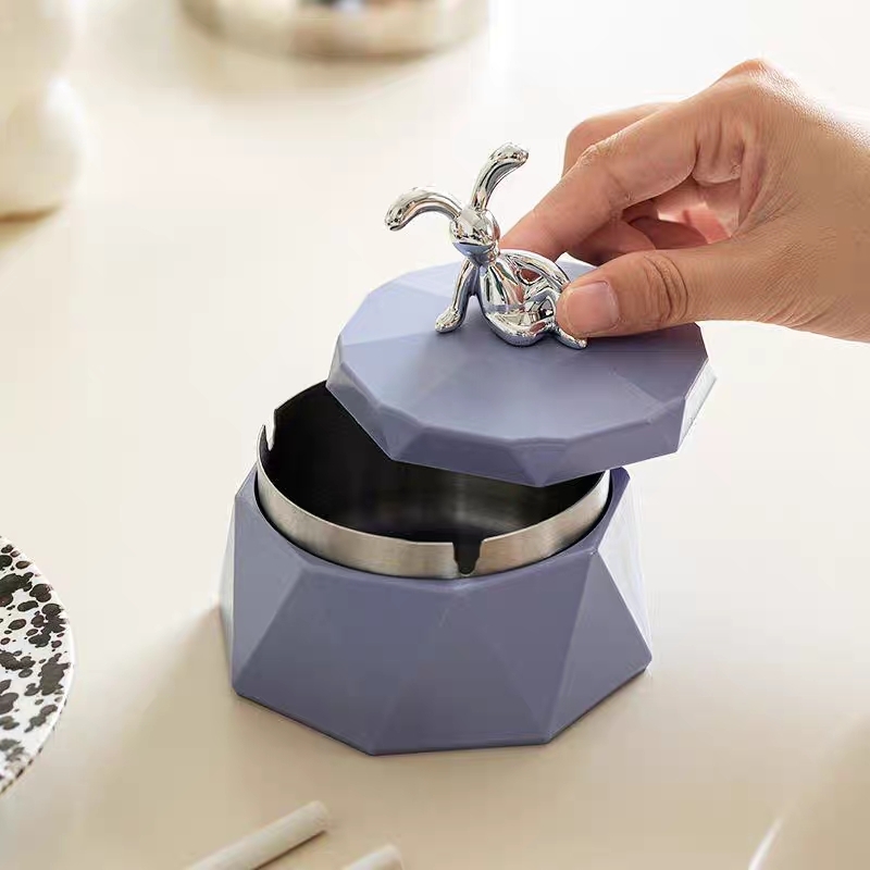 小兔不锈钢烟灰缸轻奢钻形创意个性烟缸家用客厅办公室简约带盖防飞灰图