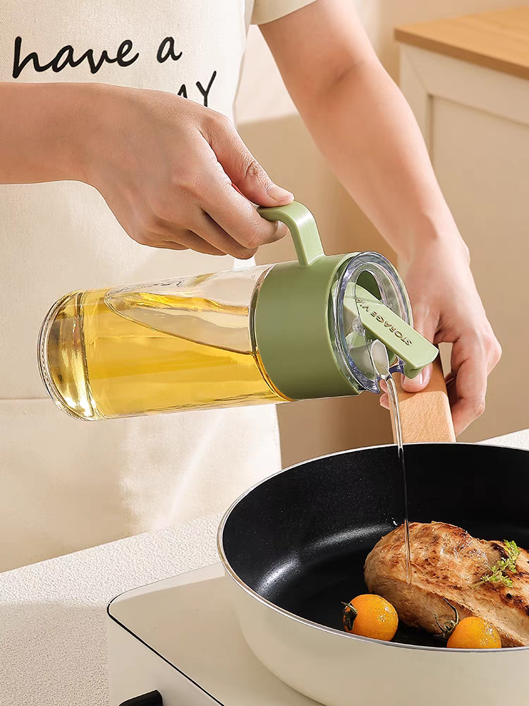 Gravity automatic opening and closing glass oil bottle, kitchen-specific oil bottle, non-hanging oil bottle, leak-proof oil can, soy sauce, vinegar and condiment bottle, 500ml Item Picture