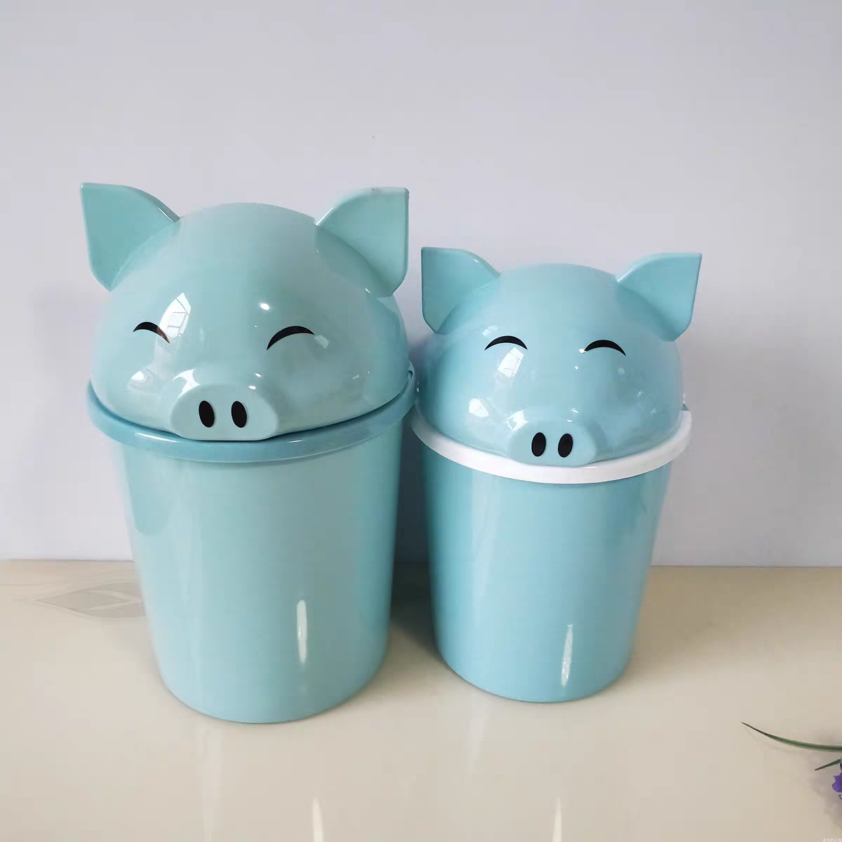 猪头翻盖卡通垃圾桶塑料可爱垃圾圆筒大小号家用办公创意纸篓详情图3
