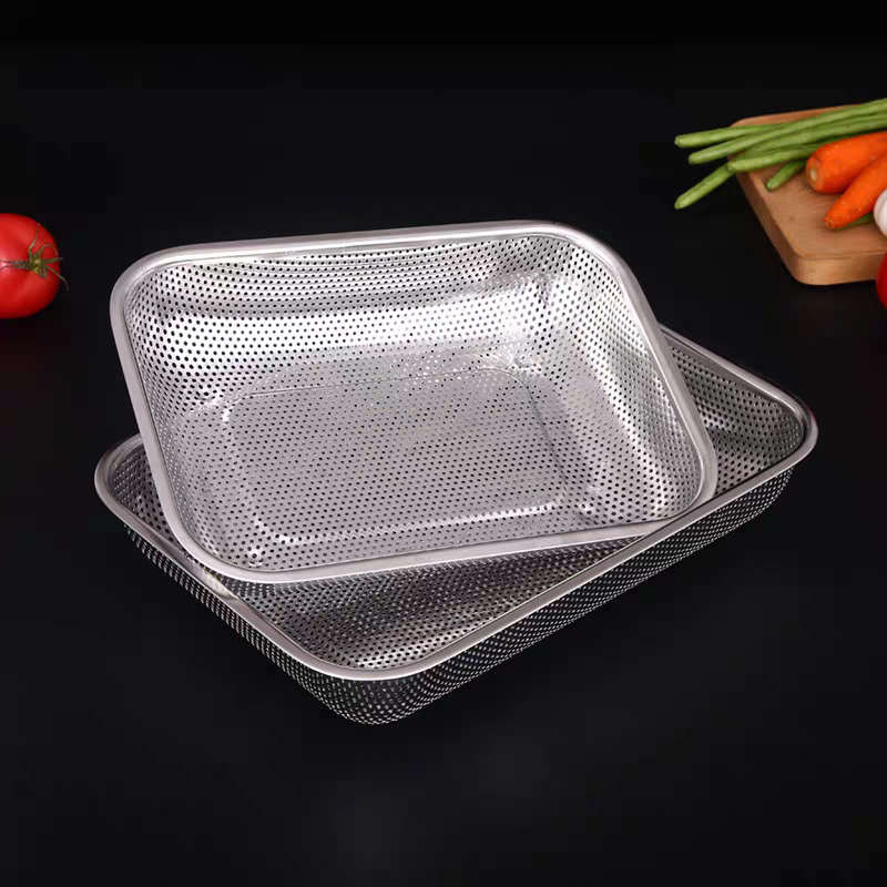 30*22.5*5.3小号不锈钢冲孔筐长方形洗菜网篮多用水果篮冲孔盆控水筐油炸漏盘