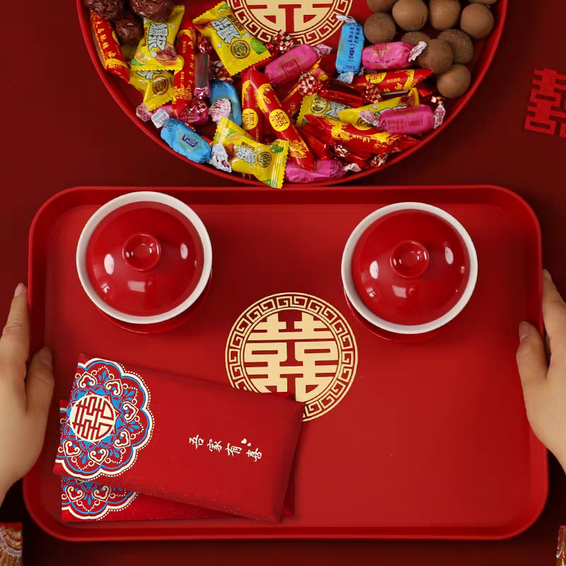 果盘结婚红色敬酒茶盘红盘子长方形托盘塑料乔迁新居喜庆婚礼喜盘产品图