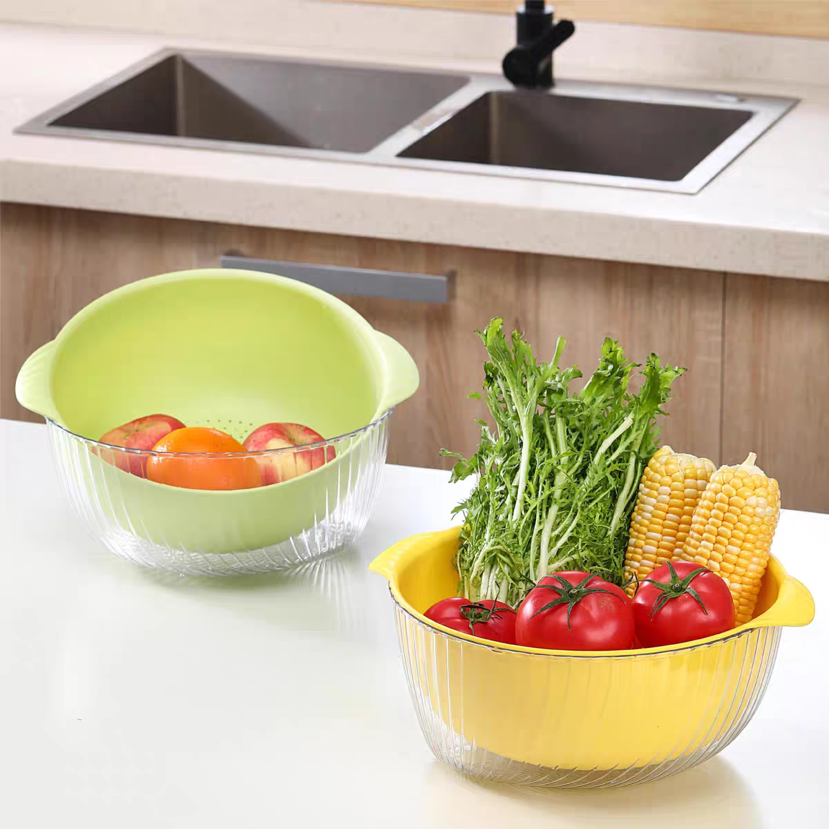 圆形双层洗菜盆沥水篮厨房家用塑料水果盘滤水菜篓淘洗菜篮子