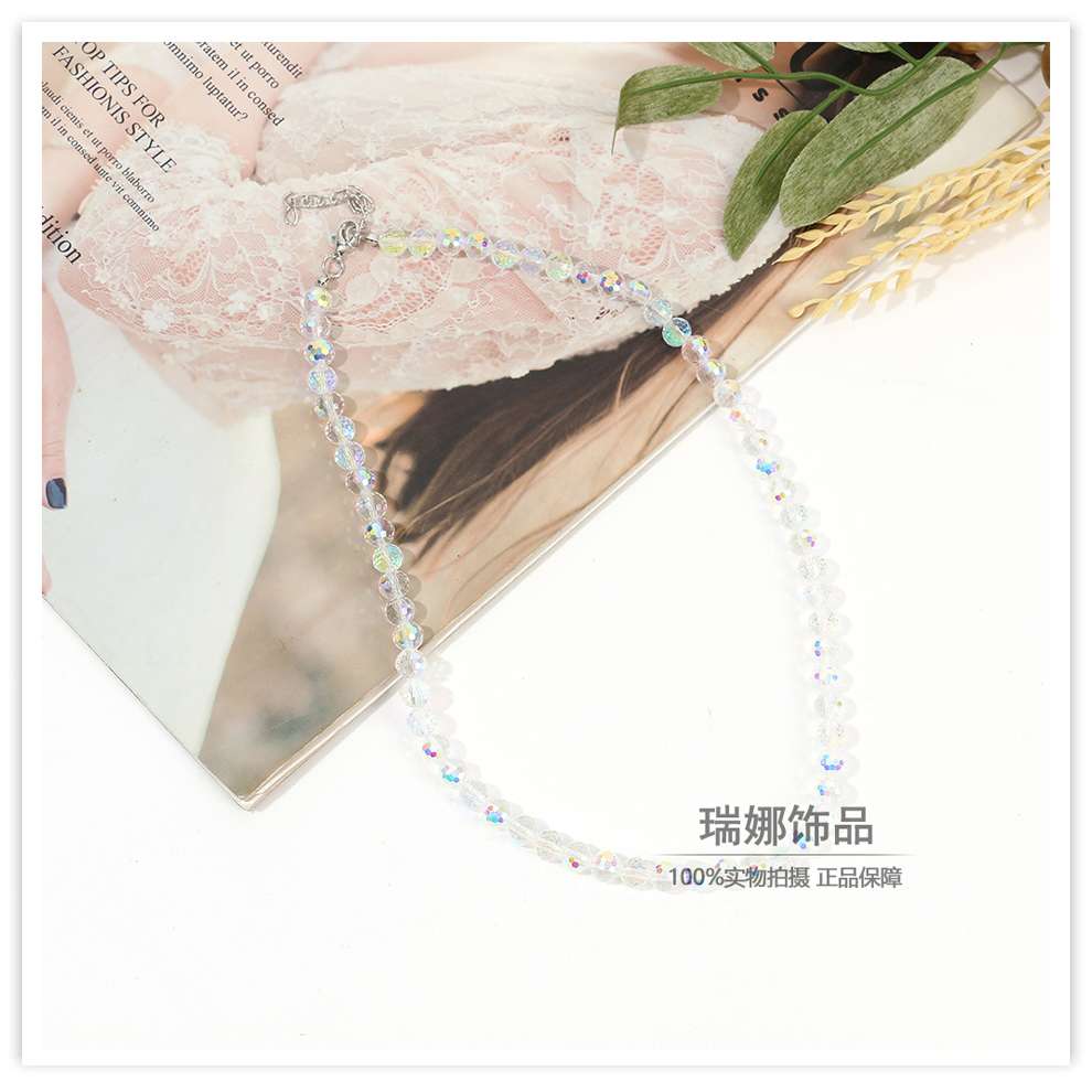 手工串珠幻彩水晶锁骨链泫雅风时髦气质超闪项链抖音同款女项链手链耳环白底实物图