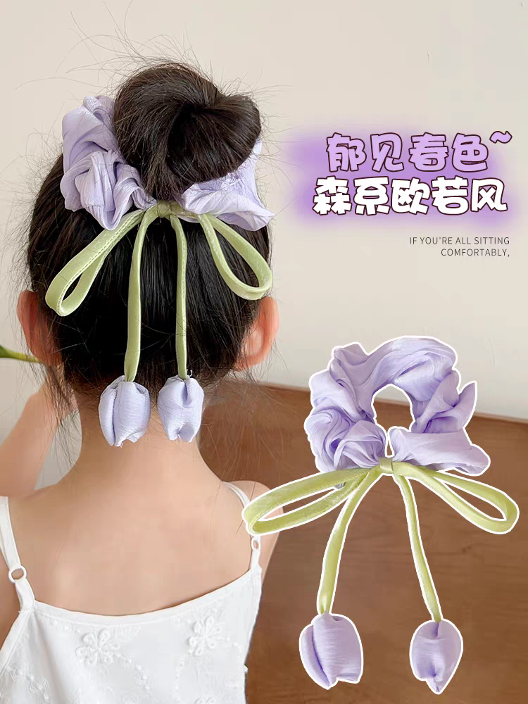 National Trend series Children's tulip flower large intestine hair band 2025 New Girls' bun hair rope Ribbon hair accessory Application Scenario