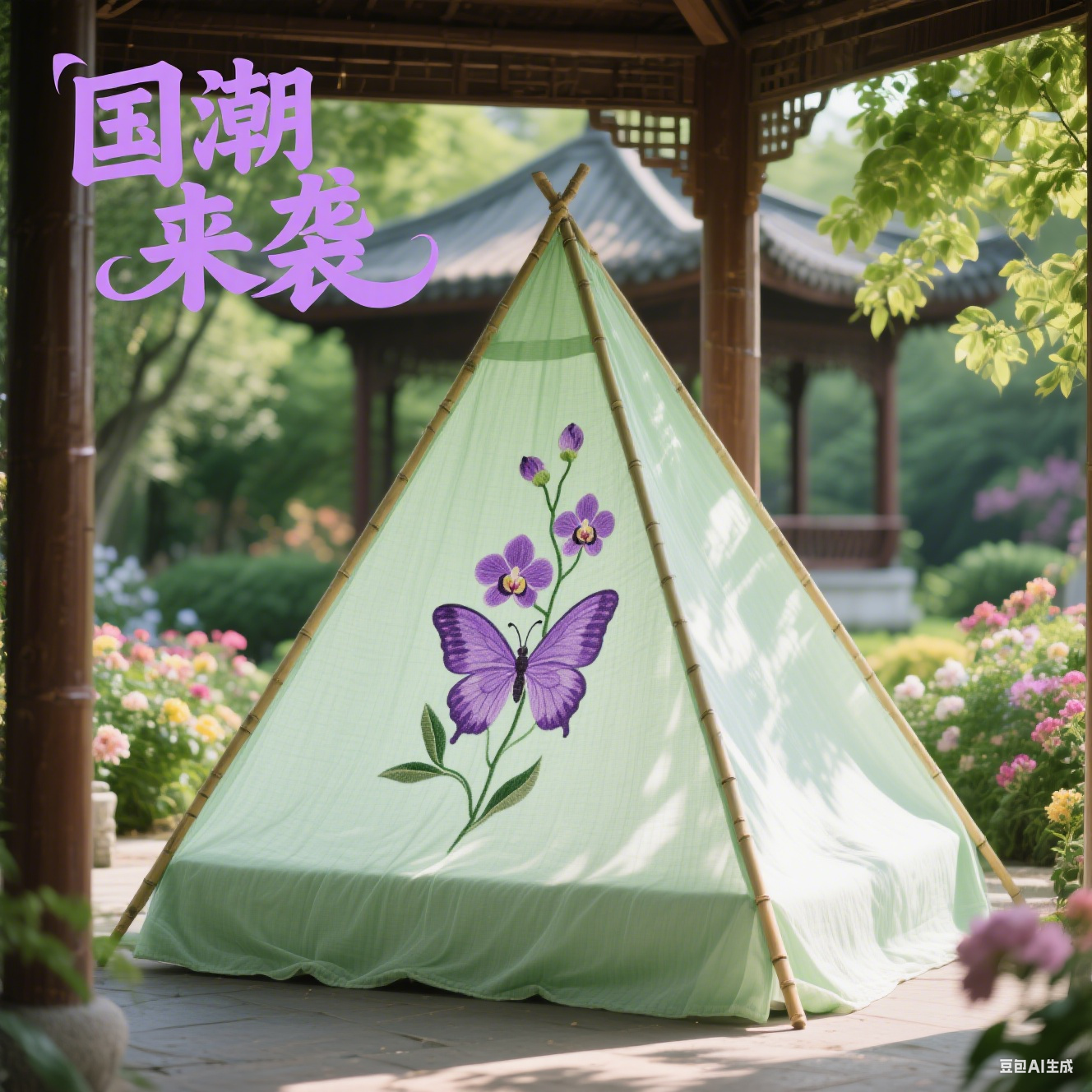 国潮羽毛大红印花圆帐