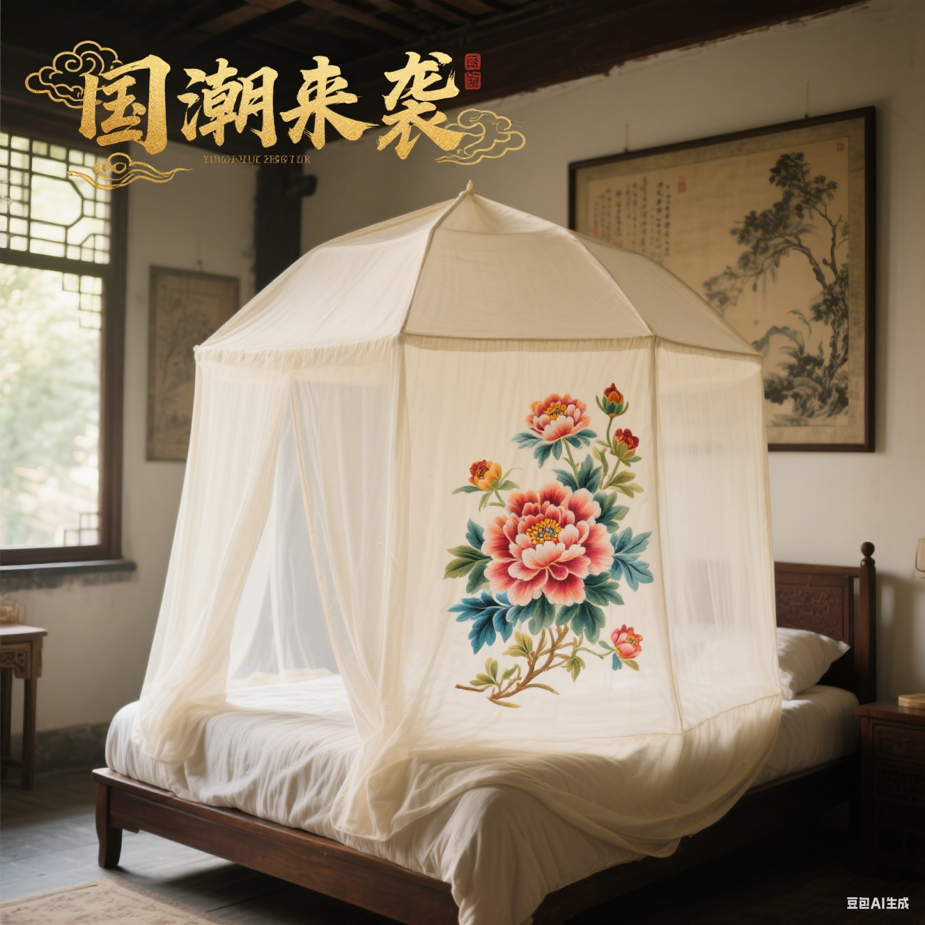 国潮上铺防摔蚊帐 床幔式婴儿推车专用蚊帐罩 高密度网眼全覆盖防蚊蚊帐001
