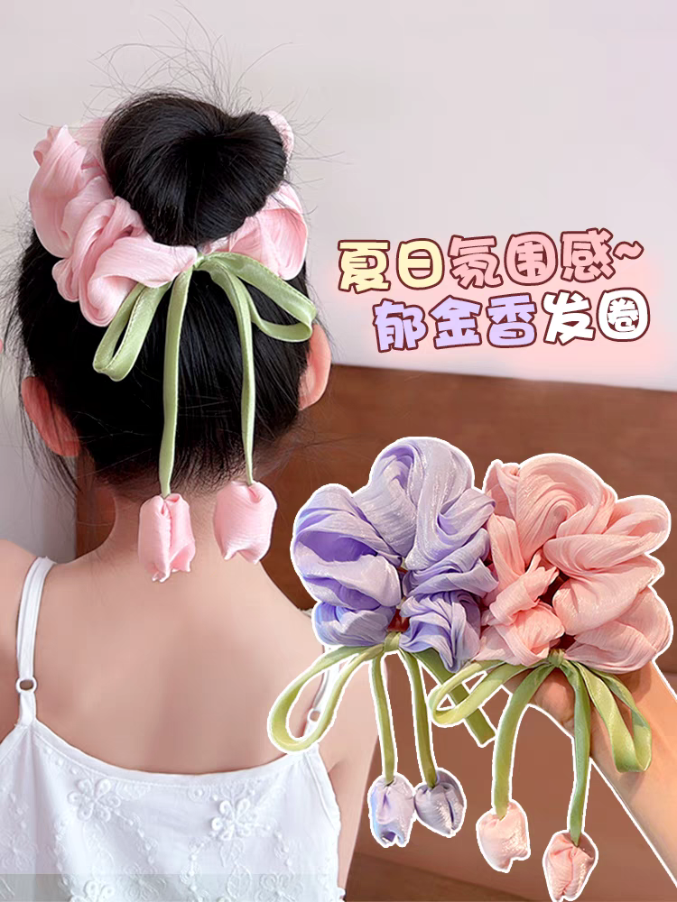 国潮系列儿童郁金香花朵大肠发圈2025新款女童丸子头发绳飘带头绳发饰