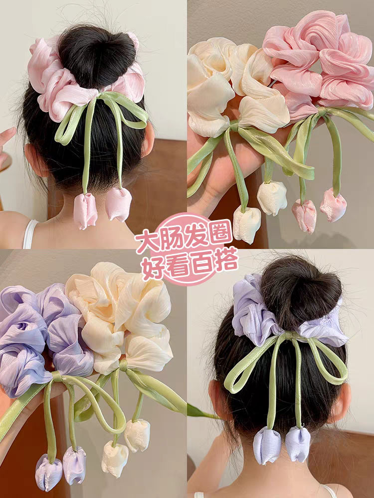 National Trend series Children's tulip flower large intestine hair band 2025 New Girls' bun hair rope Ribbon hair accessory detail image 3
