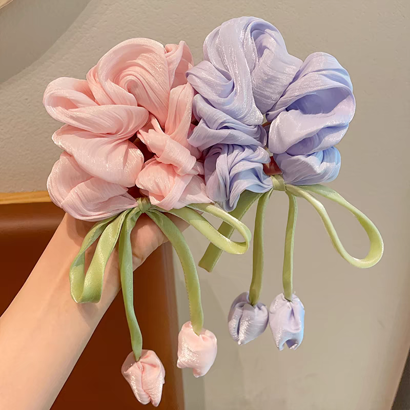 National Trend series Children's tulip flower large intestine hair band 2025 New Girls' bun hair rope Ribbon hair accessory detail image 5