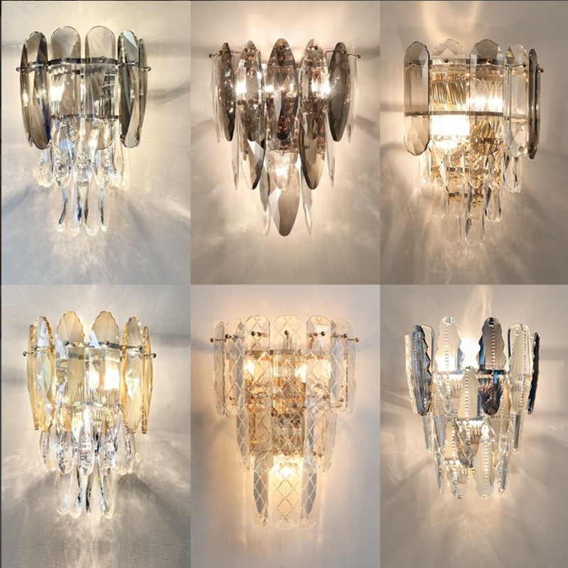 Light luxury crystal wall lamp, smoke grey tone living room indoor TV background wall lamp, modern bedroom bedside lamp details Picture