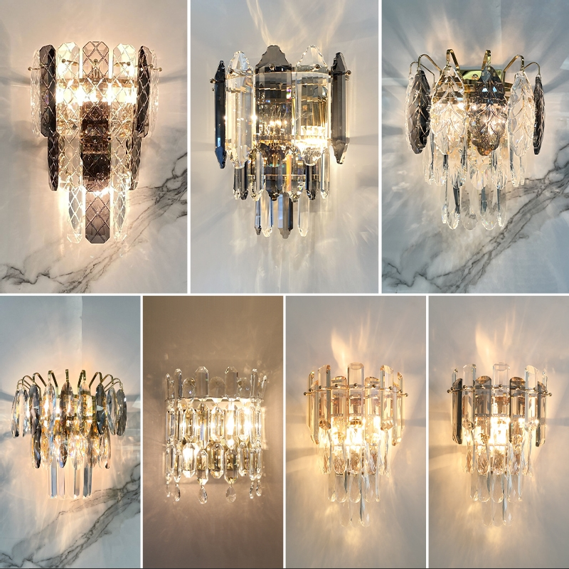 Light luxury crystal wall lamp, smoke grey tone living room indoor TV background wall lamp, modern bedroom bedside lamp