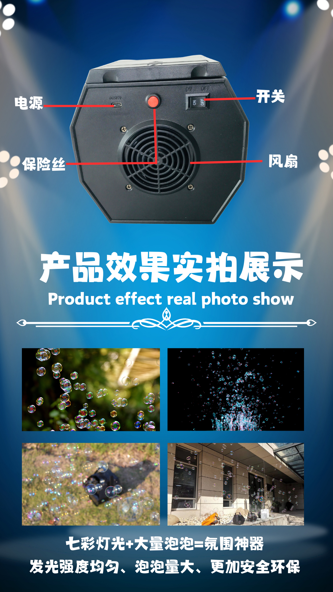 厂家直销新款私模泡泡机手提款六角3颗带电池LED灯婚庆特效舞台表演氛围生日party泡泡机详情3