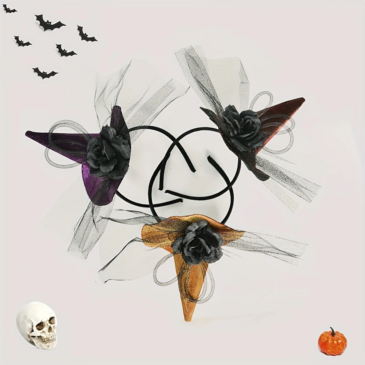 万圣节网纱黑色仿真玫瑰花巫婆帽舞会装扮巫婆帽尖帽