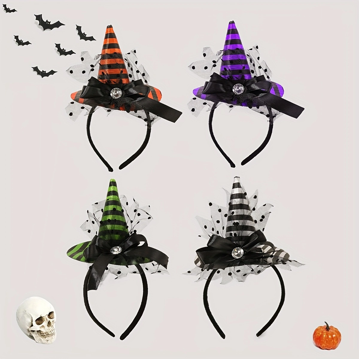 万圣节小黑点网纱条纹丝带蝴蝶结钻石小尖巫婆帽发箍派对狂欢聚会化妆表演道具