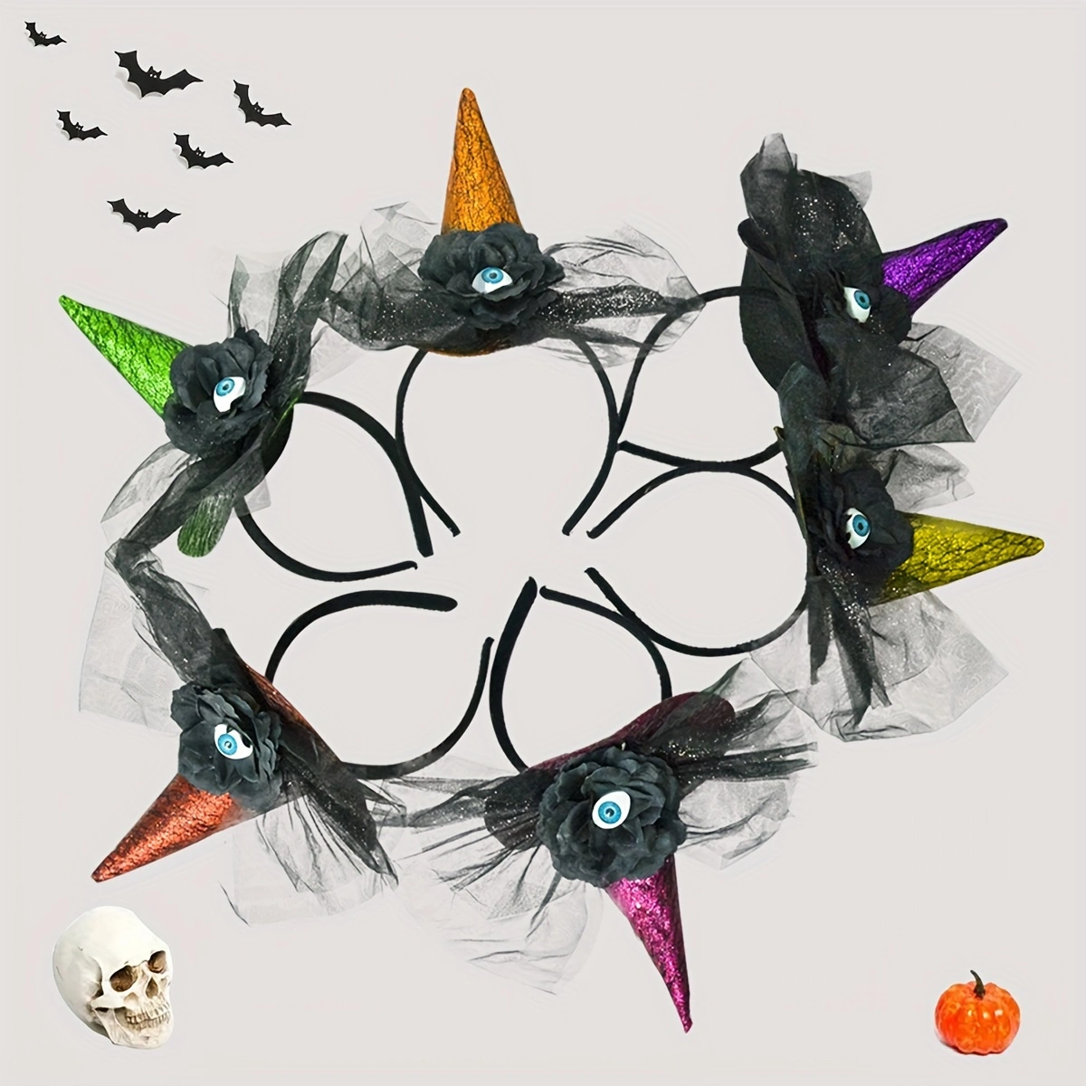 万圣节多色头饰女巫魔法派对网纱眼球巫婆帽子发箍蕾丝边头箍搞怪舞会头饰