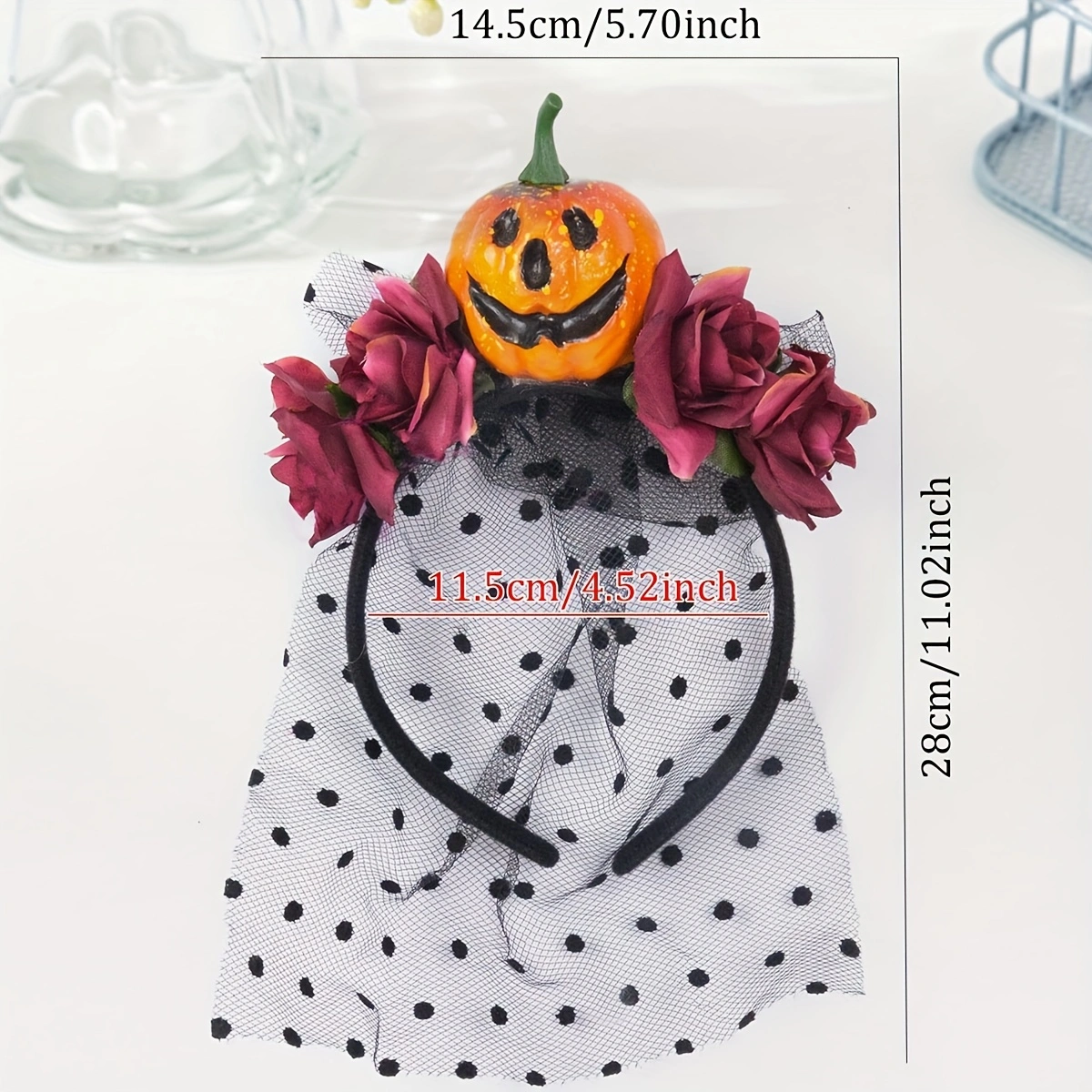 Halloween ladies' red rose pumpkin head, small black dot mesh, Ghost Festival costume headwear, small cape headband, party festival decoration, ball, daily funny headband Specification image