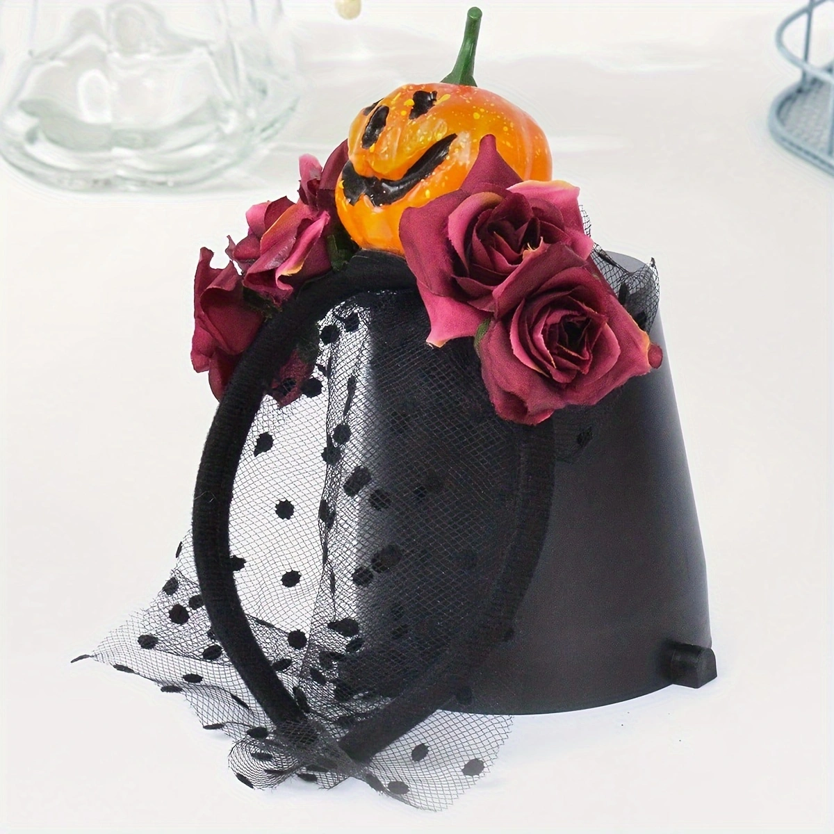 Halloween ladies' red rose pumpkin head, small black dot mesh, Ghost Festival costume headwear, small cape headband, party festival decoration, ball, daily funny headband details Picture