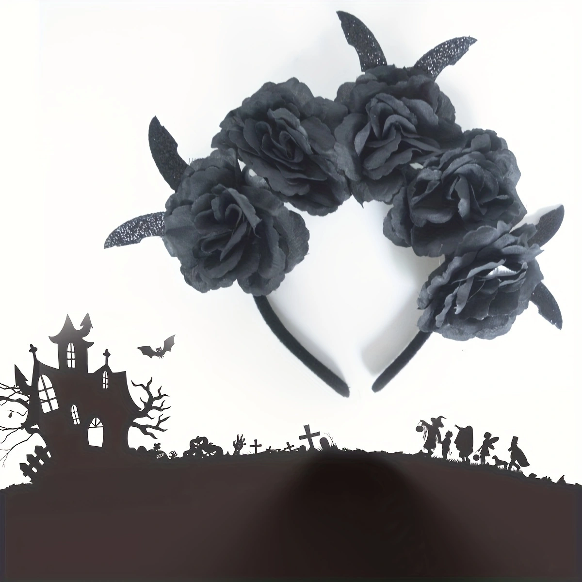 Halloween ladies wear black and red roses, bat headbands, women's Gothic flower hair ornaments, hair bands, headscarves, Halloween Cosplay party Application Scenario
