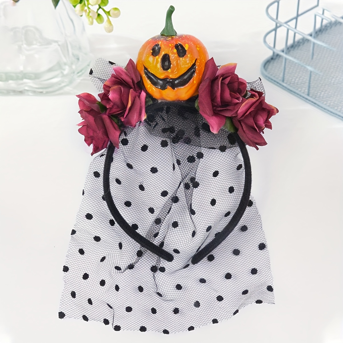 万圣节女士红色玫瑰南瓜头小黑点网纱鬼节装扮头饰小披风发箍派对节日装饰舞会日常搞怪头箍