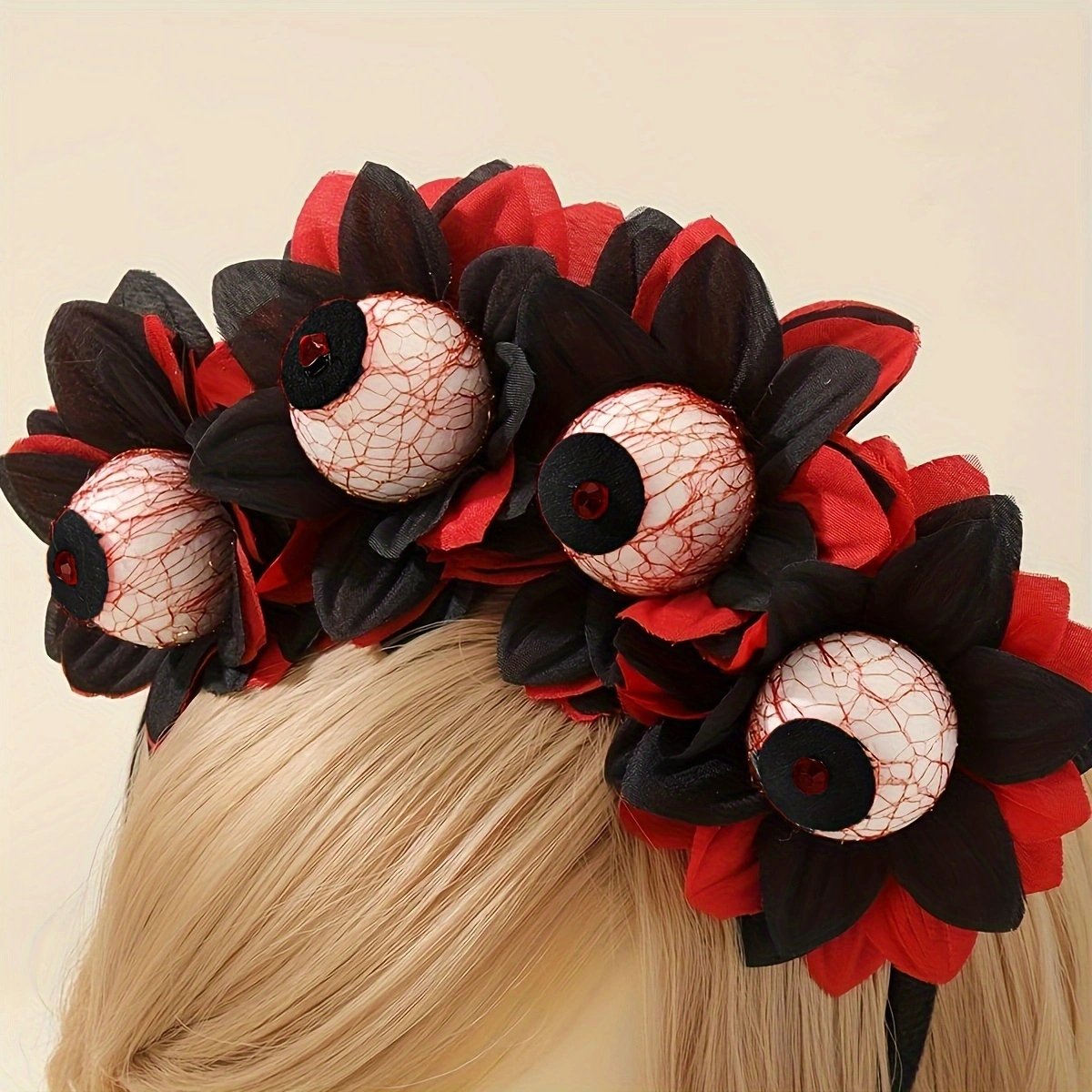 Halloween red devil eyeballs, terrifying eyeballs, simulated flower headbands, Ghost Festival costumes, cospla accessories, haunted house party headbands details Picture