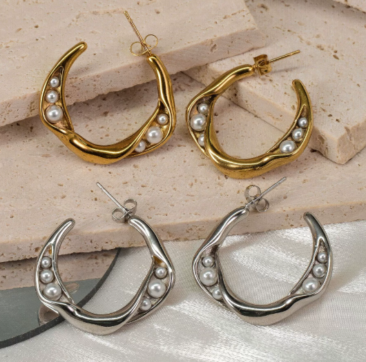 欧美流行不锈钢耳环珍珠金属感INS潮流爆款小众设计师款
