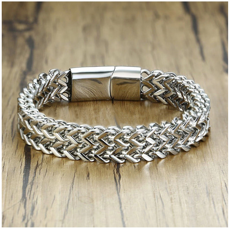 New titanium steel men's bracelet from Europe and America, stainless steel double-row square chain magnetic buckle bracelet Item Picture