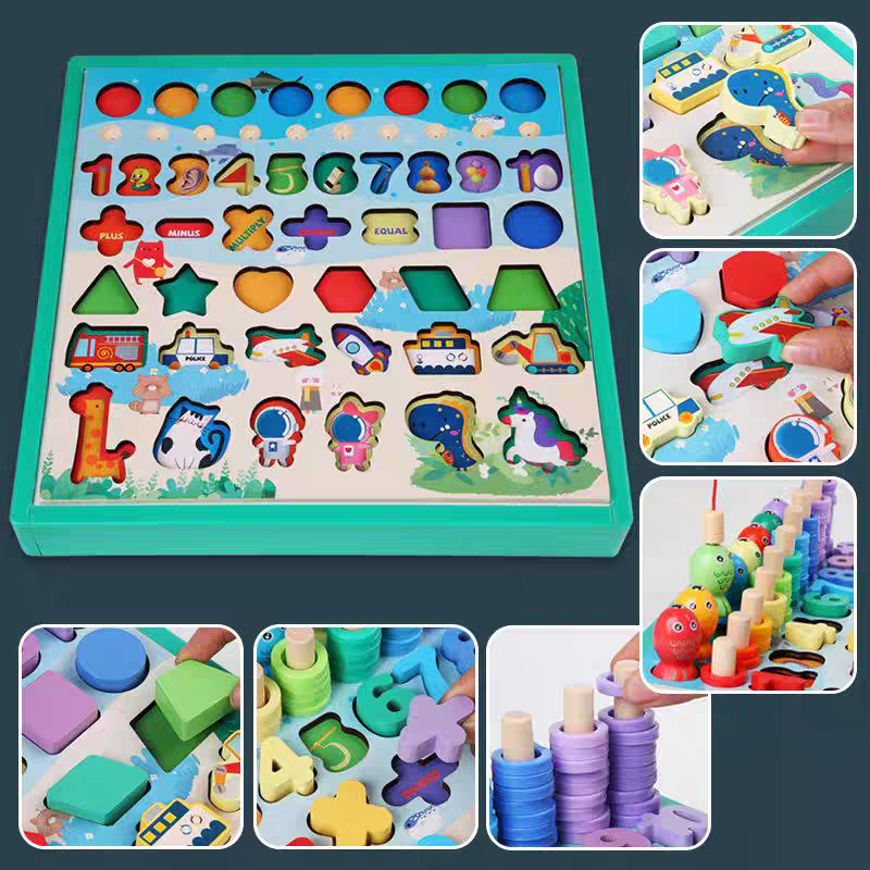 Early childhood education matching board, nine-in-one multi-functional logarithmic board, game chess, fun number wood details Picture