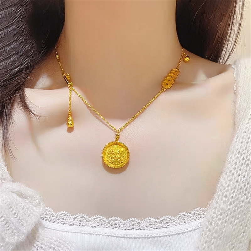 雅典娜沙金首饰五帝钱项链黄财神锁骨链时尚百搭铜镀金饰品