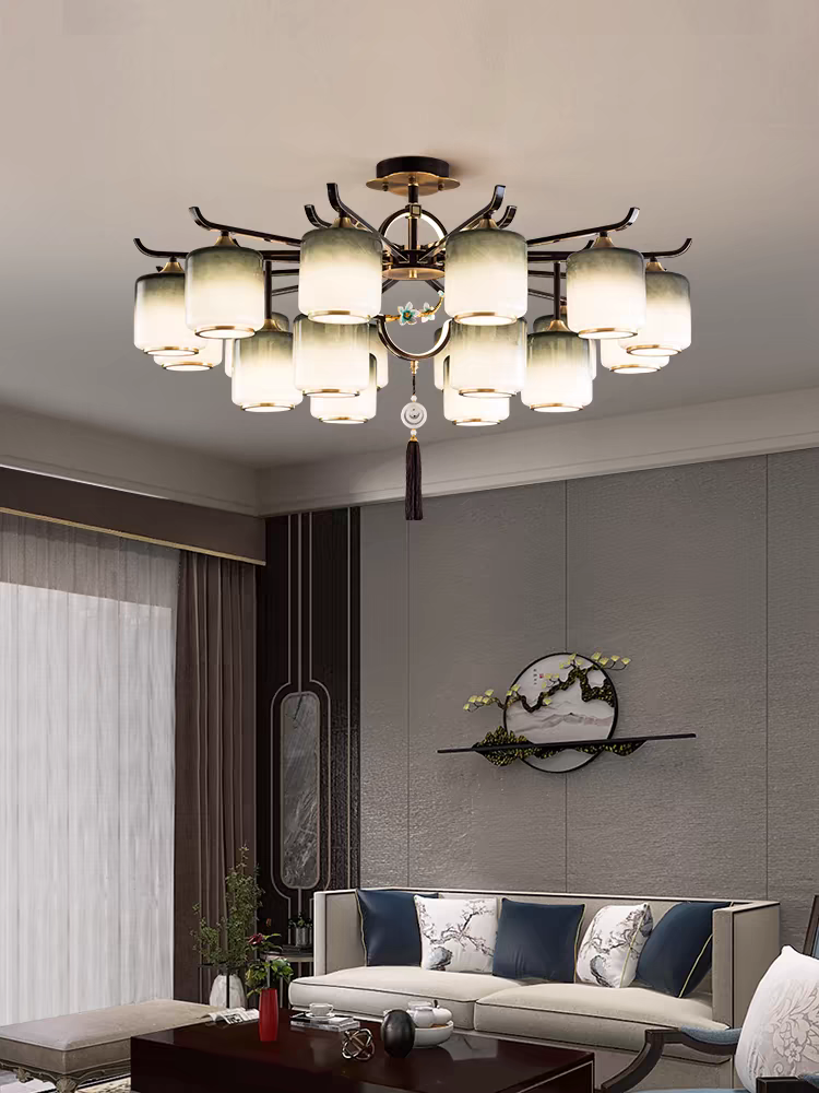 国潮新中式全铜吊灯客厅大灯2025年新款中国风别墅复式楼餐厅卧室灯具12头+6头