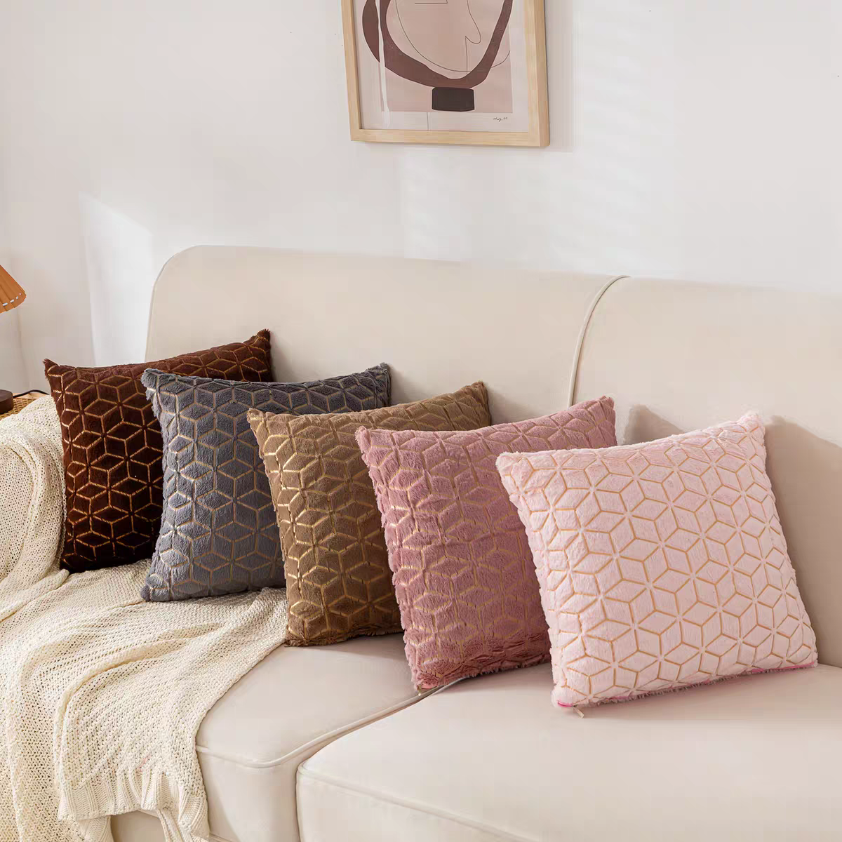 New ins plush throw pillow, solid-color sofa pillowcase, simple and creative geometric diamond-shaped block embroidered backrest